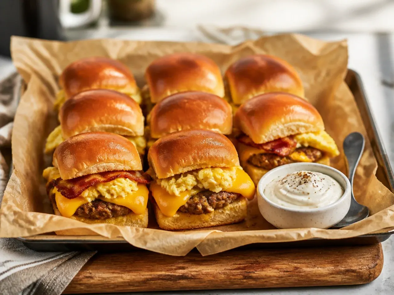 Classic breakfast sliders with scrambled eggs, ham and cheese