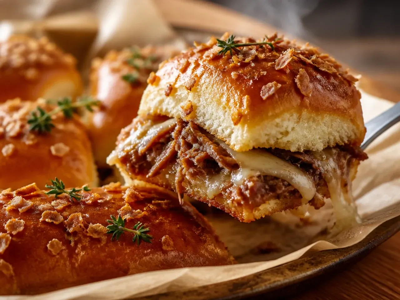 Cozy French dip sliders served with a bowl of au jus for dipping