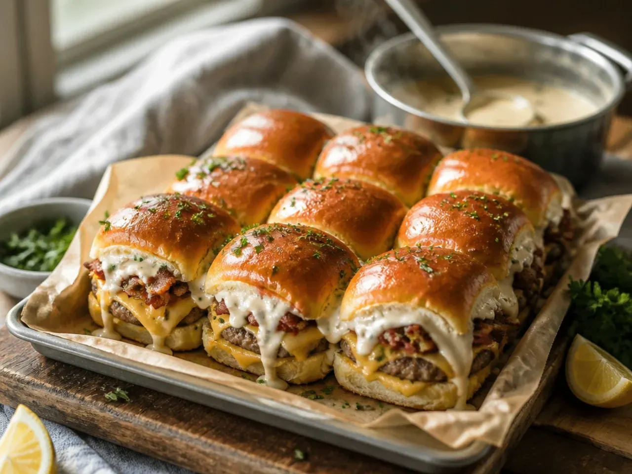 Creamy ranch bacon cheeseburger sliders drizzled with ranch dressing