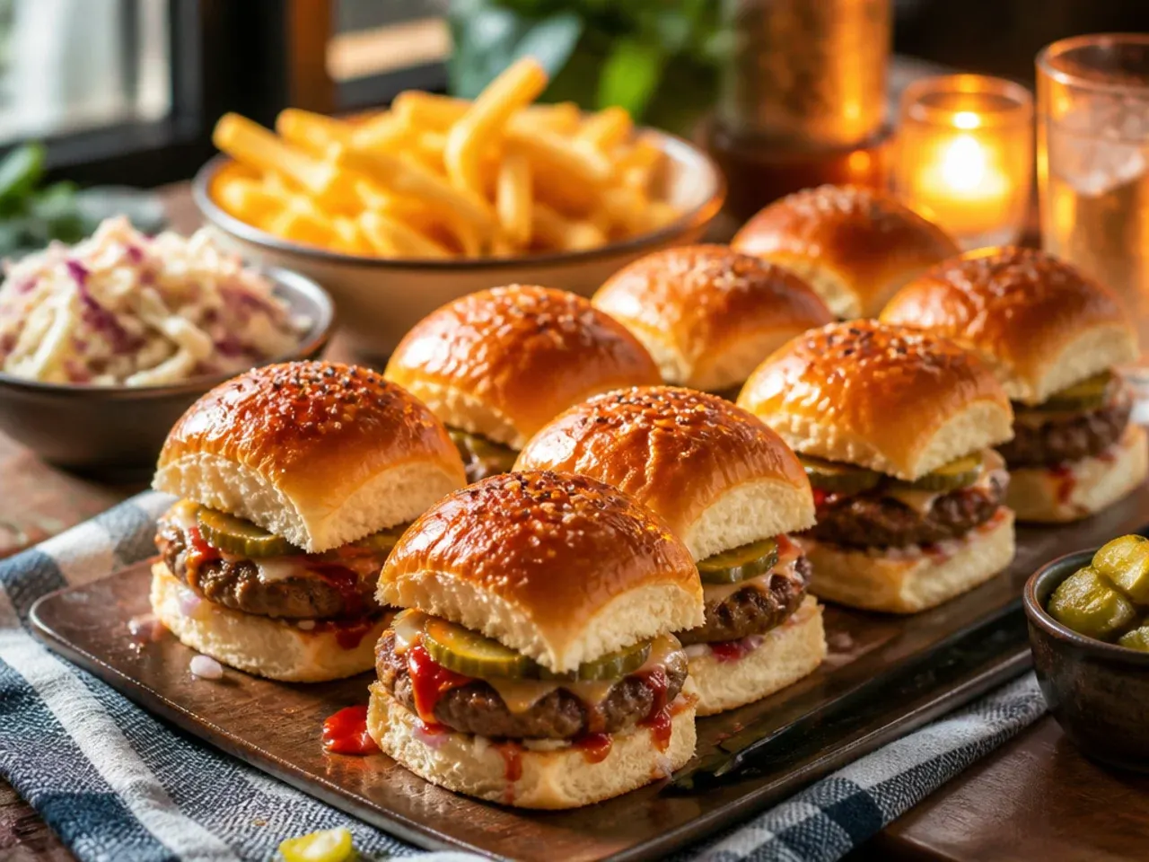 Baked Hawaiian roll sliders served with fries and pickles on the side