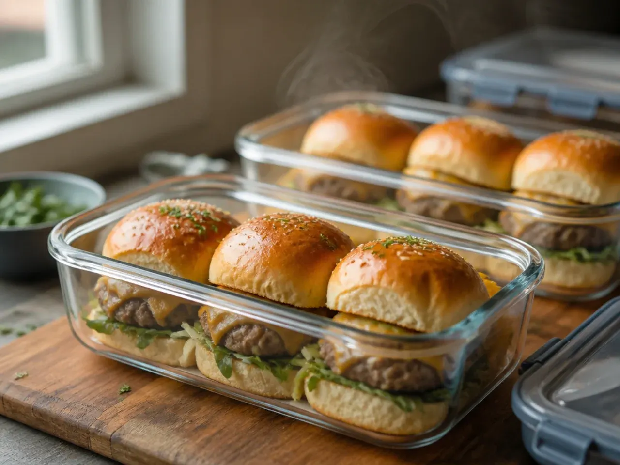 Airtight container of leftover Hawaiian roll sliders ready for the fridge