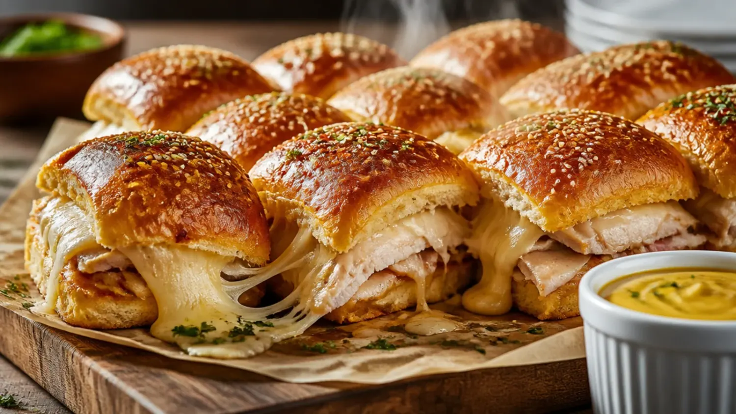 Overhead shot of baked turkey and Swiss cheese sliders on golden Hawaiian rolls, brushed with a glossy poppy seed butter glaze and sliced ready to serve.
