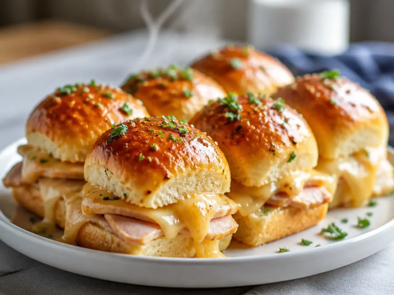 A tray of turkey sliders on Hawaiian rolls fresh out of the oven, cheese melted and bubbling at the edges.