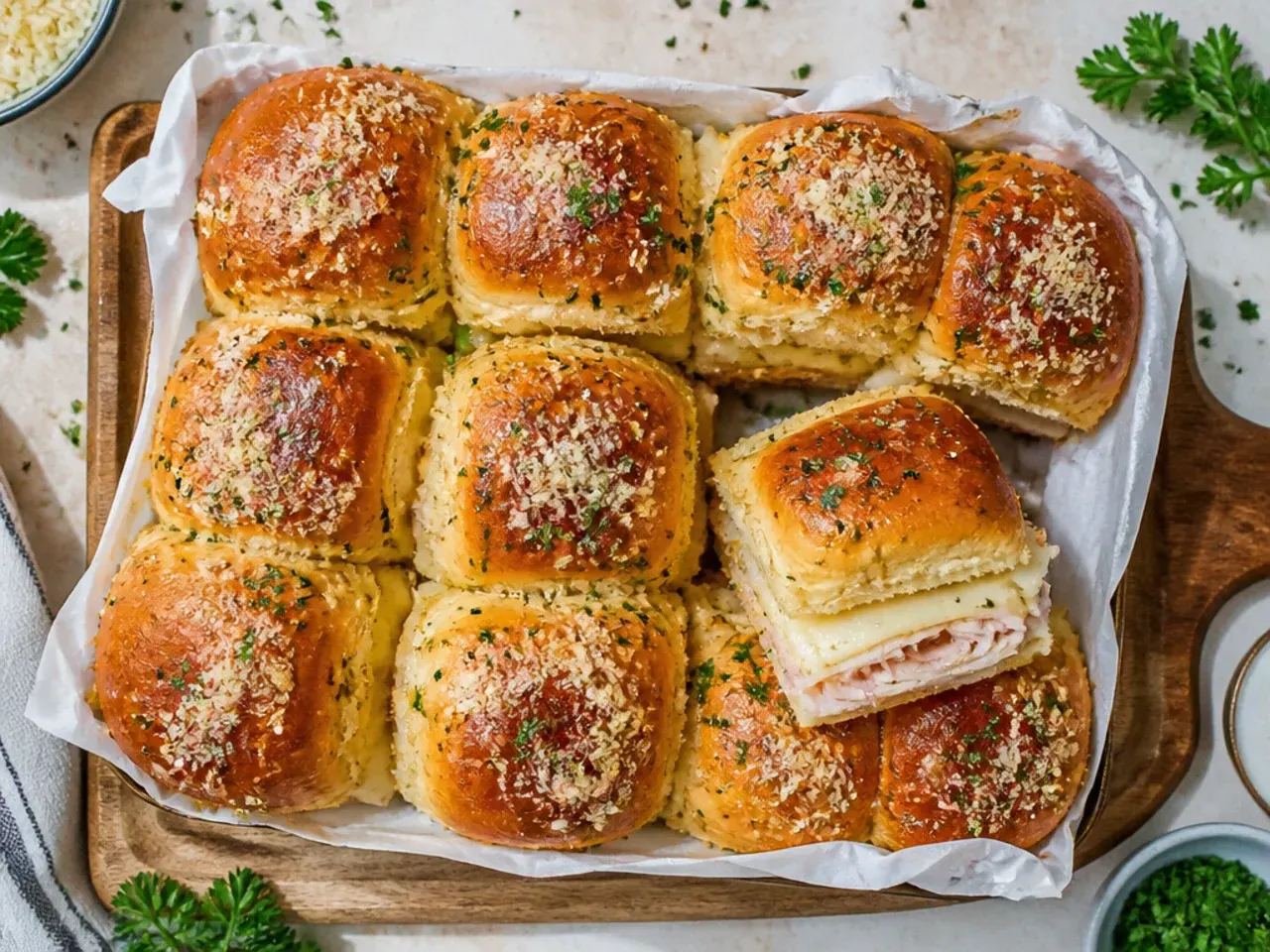 Classic turkey and Swiss sliders on Hawaiian rolls with a golden poppy seed butter glaze.
