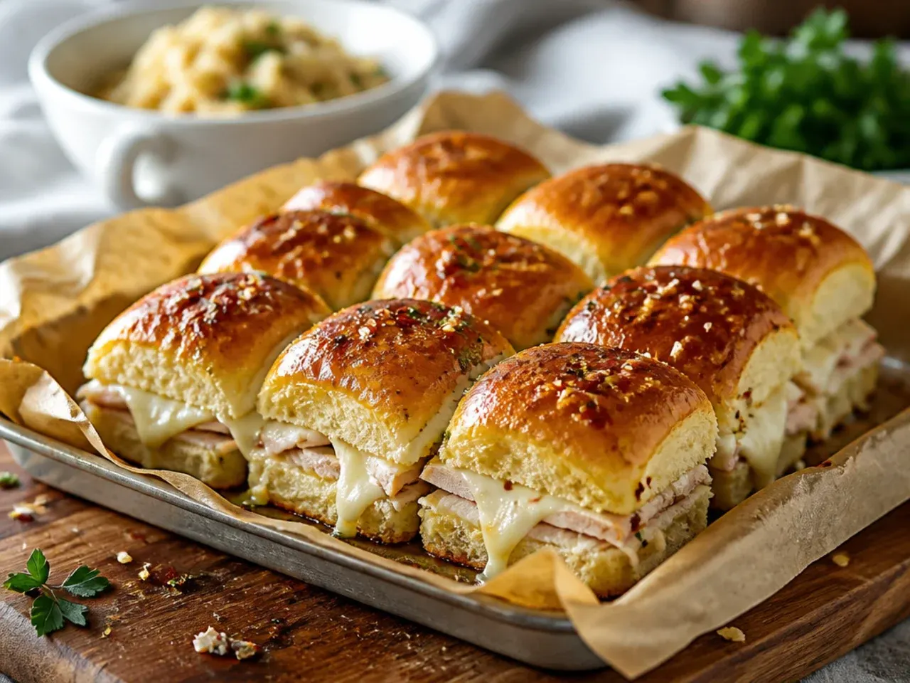 A simple five-ingredient tray of turkey sliders on Hawaiian rolls, minimal toppings, ready to serve.