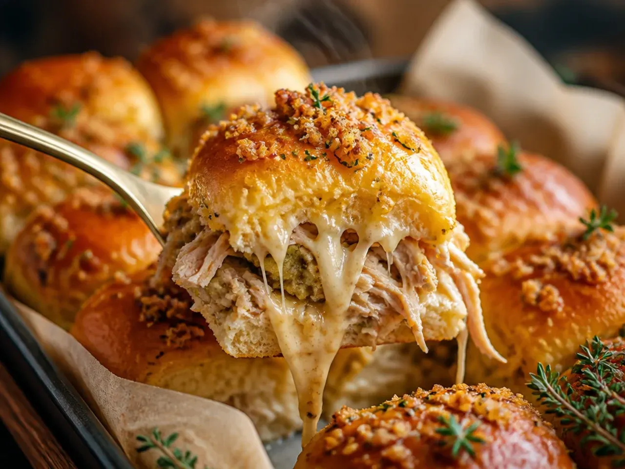 Hearty turkey, stuffing and gravy sliders on Hawaiian rolls, sliced open to show the layers.