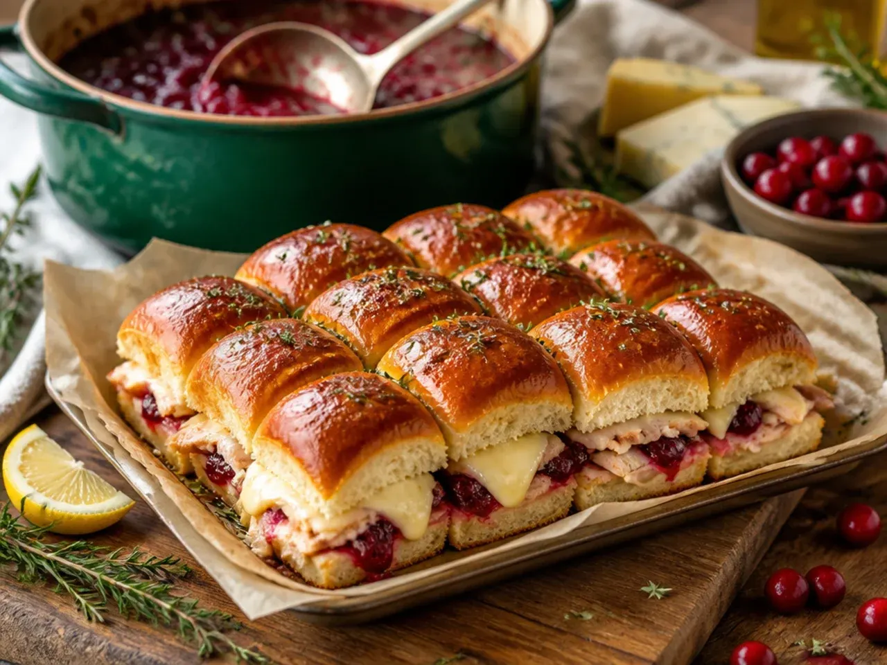 Cozy cranberry and brie turkey sliders on Hawaiian rolls with melted brie and a ruby cranberry layer.