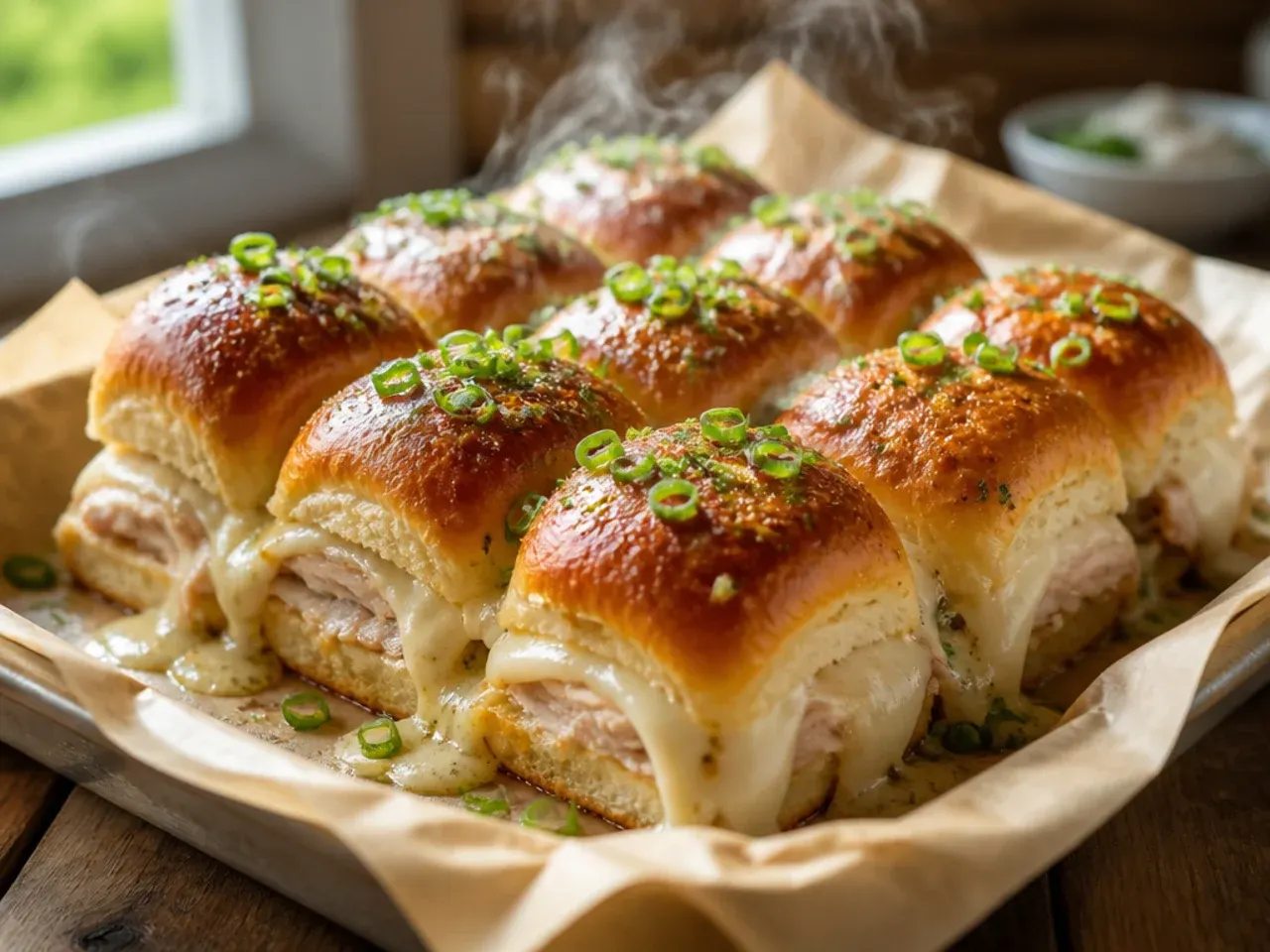 Creamy turkey and cream cheese sliders on Hawaiian rolls with a tangy chive-flecked spread.