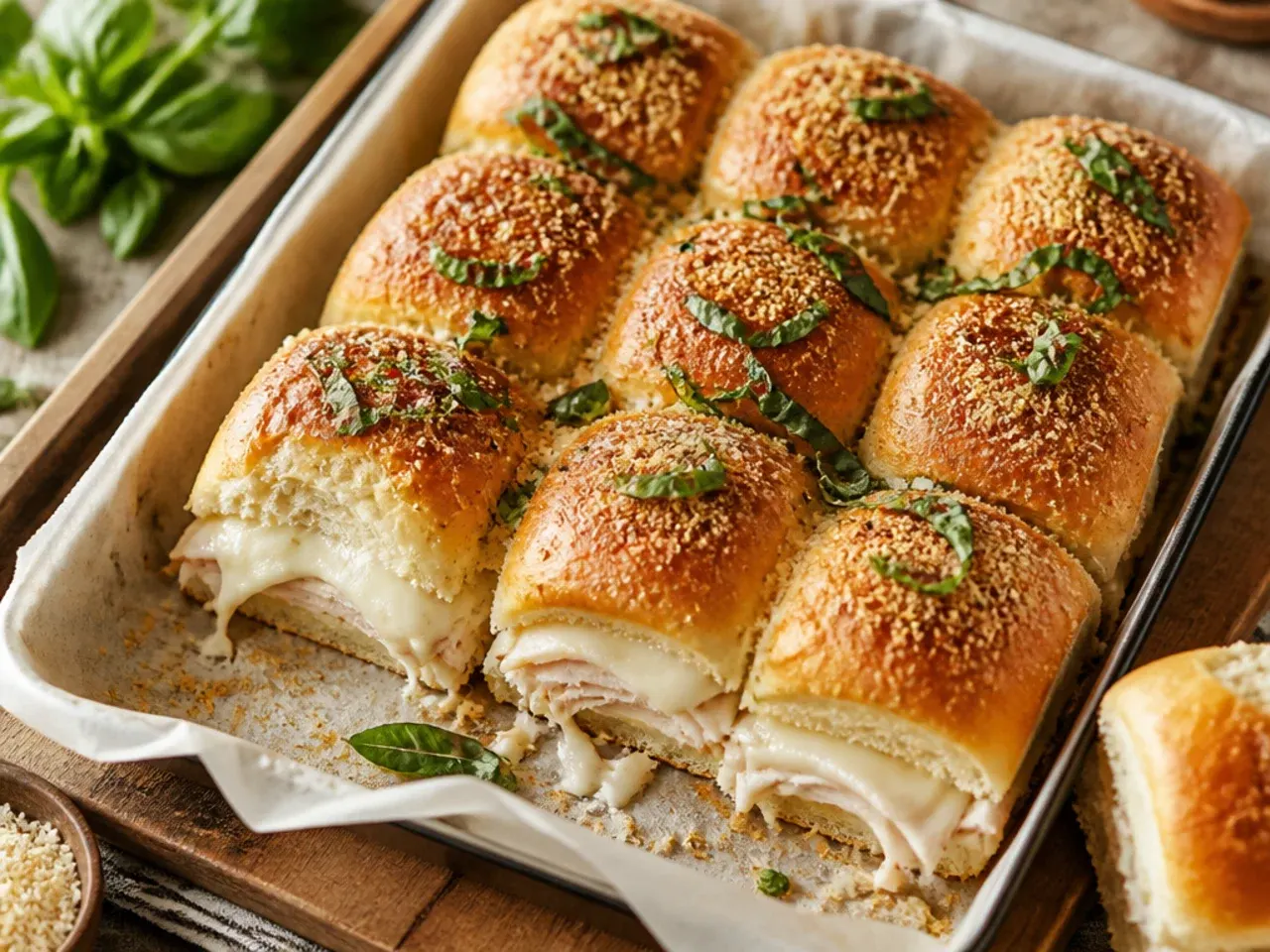 Crispy cracker-topped turkey and mozzarella sliders on Hawaiian rolls with a crunchy golden top.