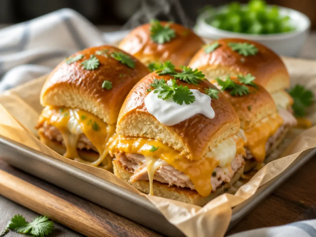 Cheesy triple-cheese turkey sliders on Hawaiian rolls with a long, stretchy cheese pull.