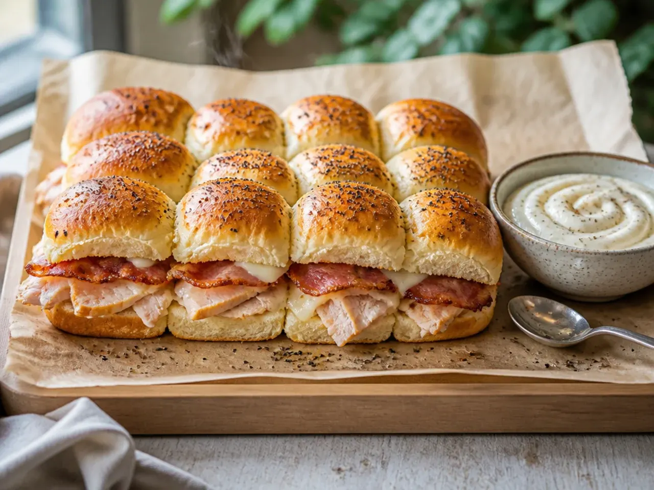 Comforting turkey and bacon sliders on Hawaiian rolls with crispy bacon bits tucked into the filling.