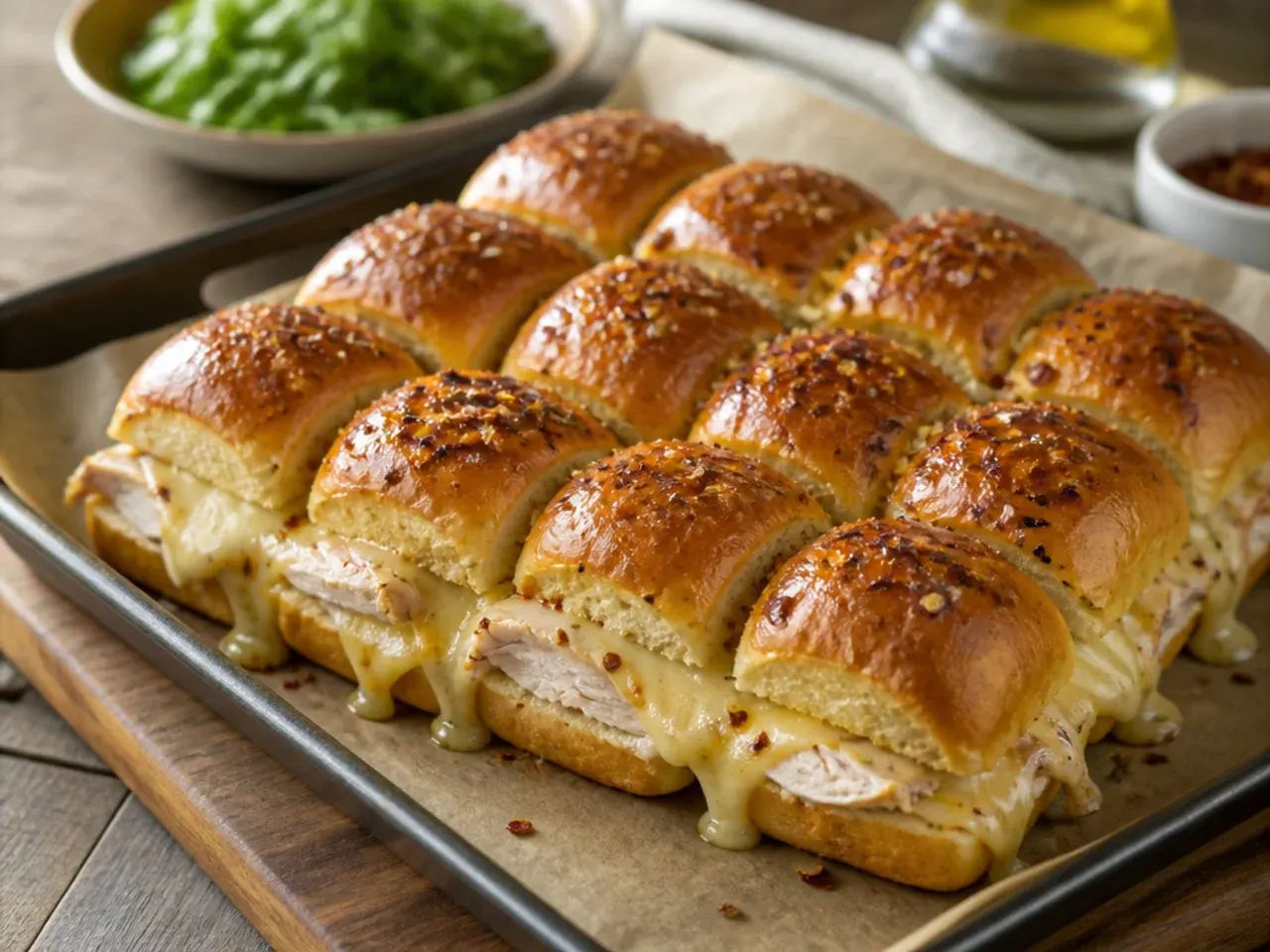 Weeknight sheet-pan turkey sliders on Hawaiian rolls, cooling on a lined baking sheet.