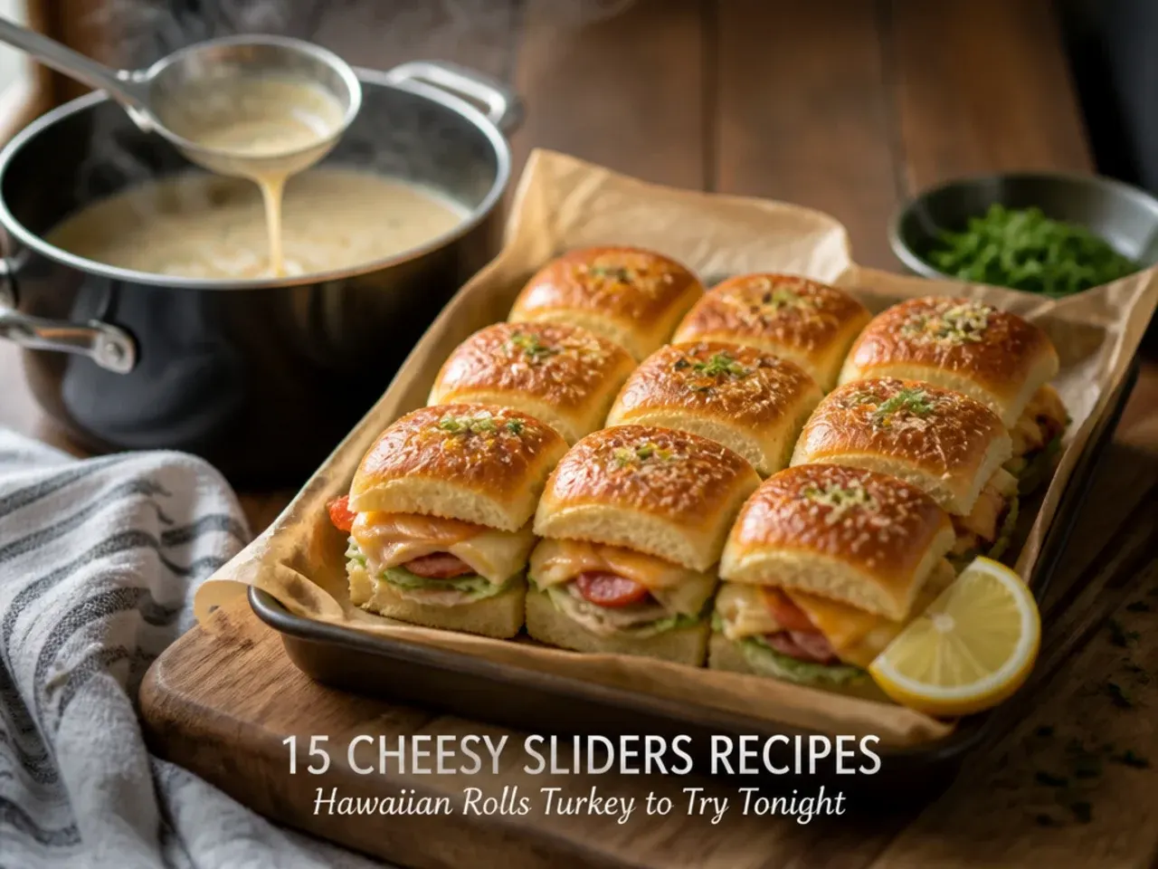 Loaded turkey club sliders on Hawaiian rolls with bacon, cheddar and crisp shredded lettuce.