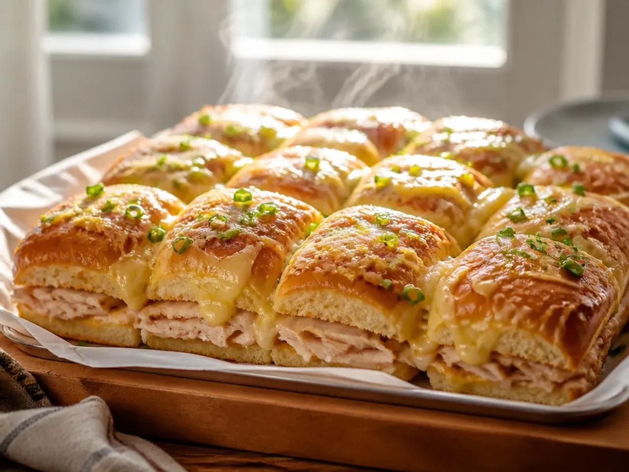 A family-size tray of turkey sliders on Hawaiian rolls, doubled to feed a large gathering.