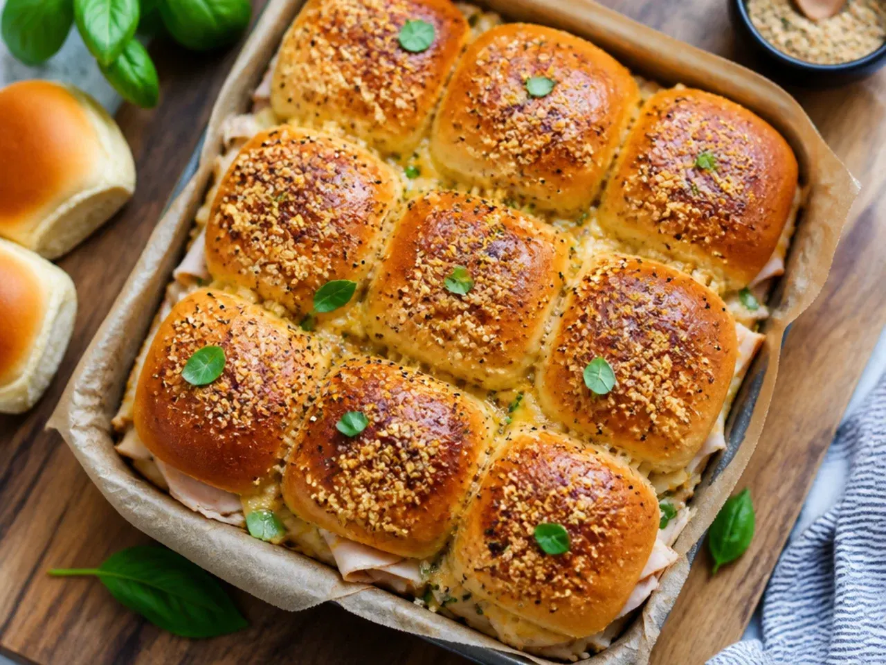 Best-ever poppy seed glazed turkey sliders on Hawaiian rolls with a shiny, caramelized top.