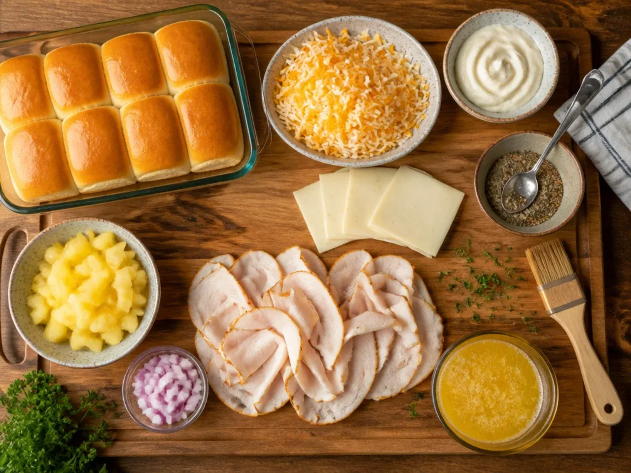 Close-up of a hand brushing butter glaze into the seams of unbaked turkey sliders on Hawaiian rolls.