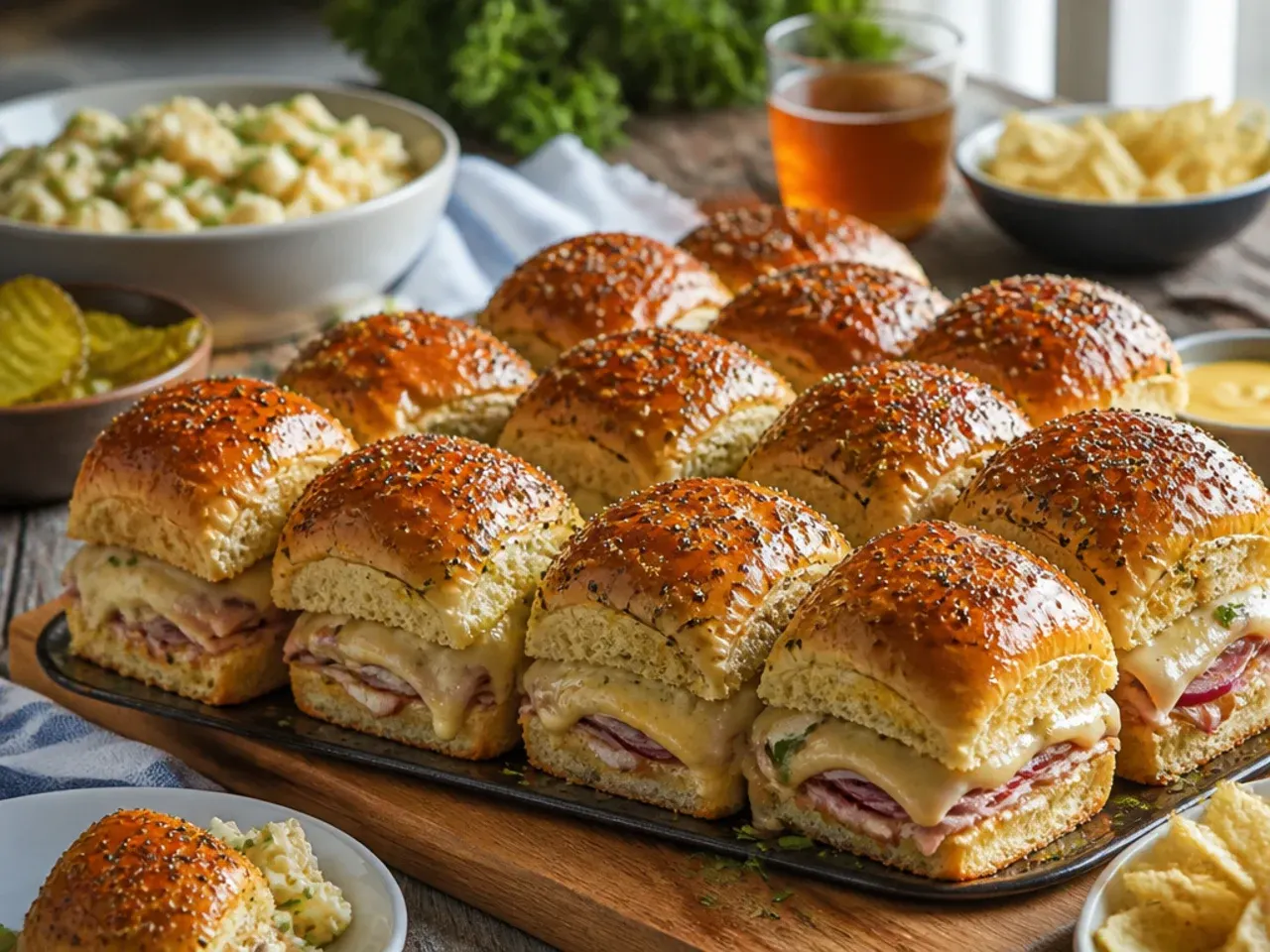 A wooden board of freshly baked turkey sliders on Hawaiian rolls served with a green salad.