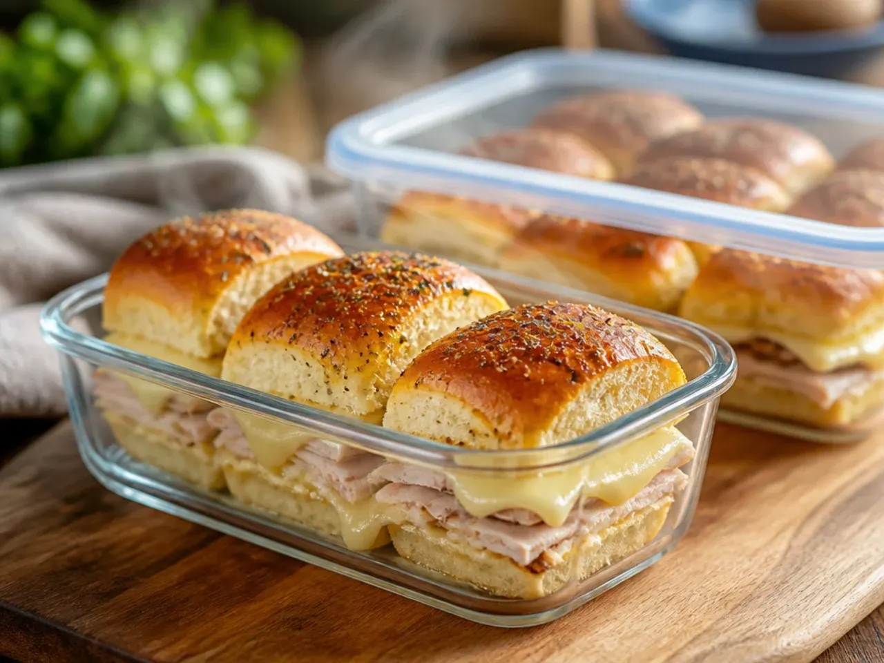 Leftover turkey sliders on Hawaiian rolls stored in an airtight container, ready to reheat.