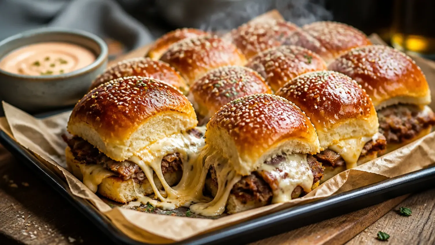 Overhead shot of golden baked Hawaiian roll sliders in a dish, cheese melting over the edges, one slider pulled out to show the ham and Swiss layers