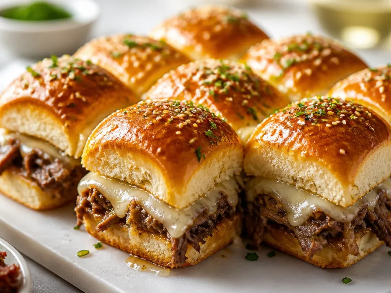 Tray of golden Hawaiian roll sliders fresh out of the oven, cheese melting over the edges