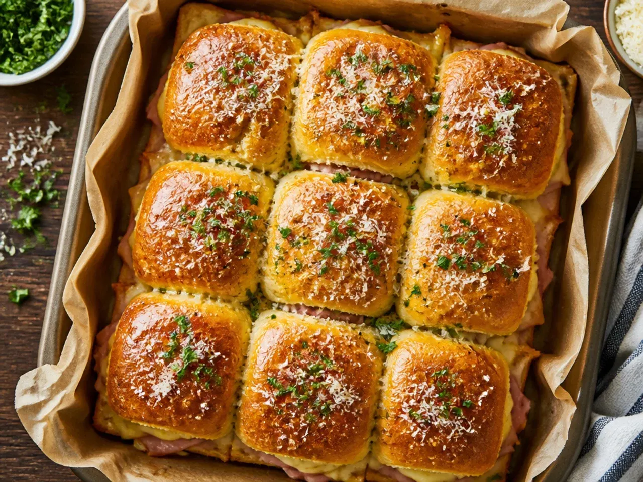 Close-up of ham and Swiss Hawaiian roll sliders sliced into individual portions