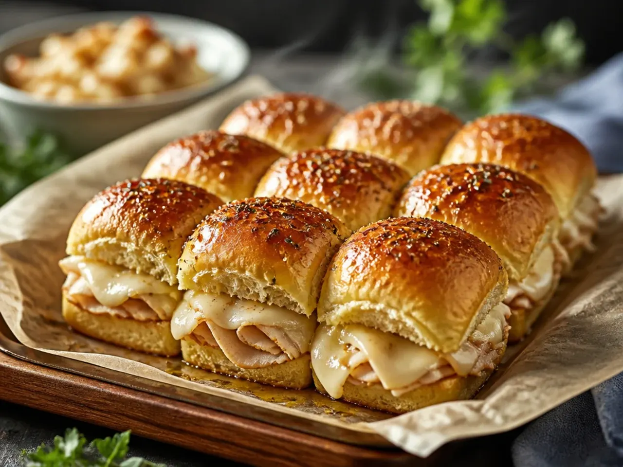 Simple turkey and provolone Hawaiian roll sliders on a baking sheet