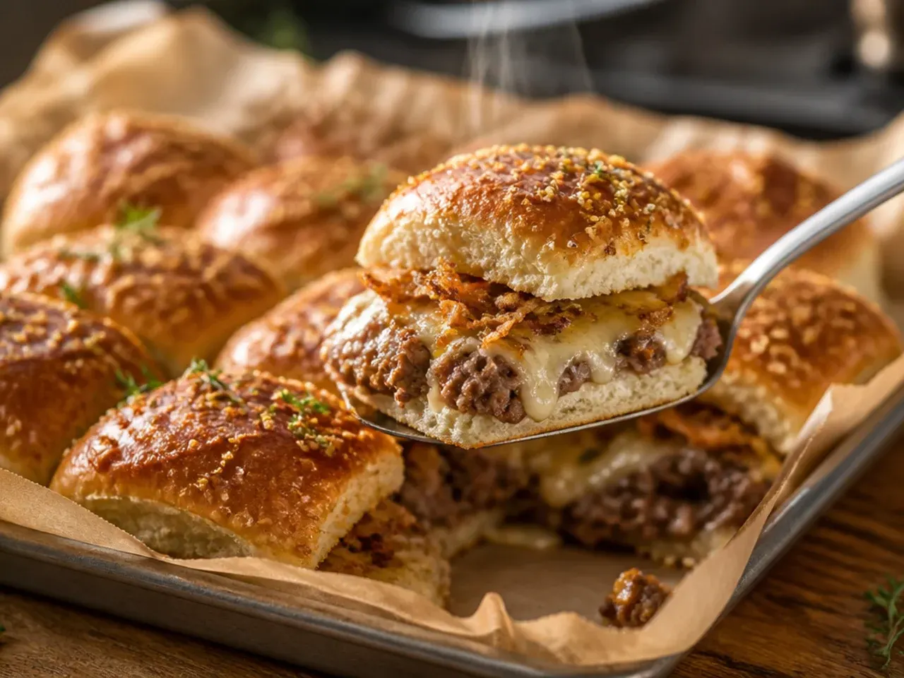 Cheeseburger Hawaiian roll sliders with melted cheddar, cut into squares