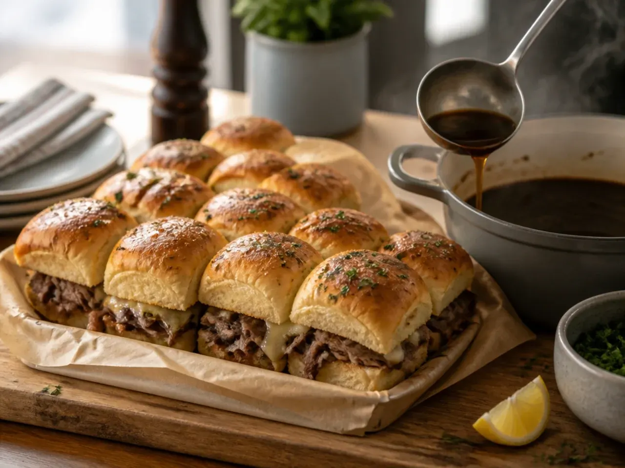French dip Hawaiian roll sliders with a small bowl of beef jus for dipping