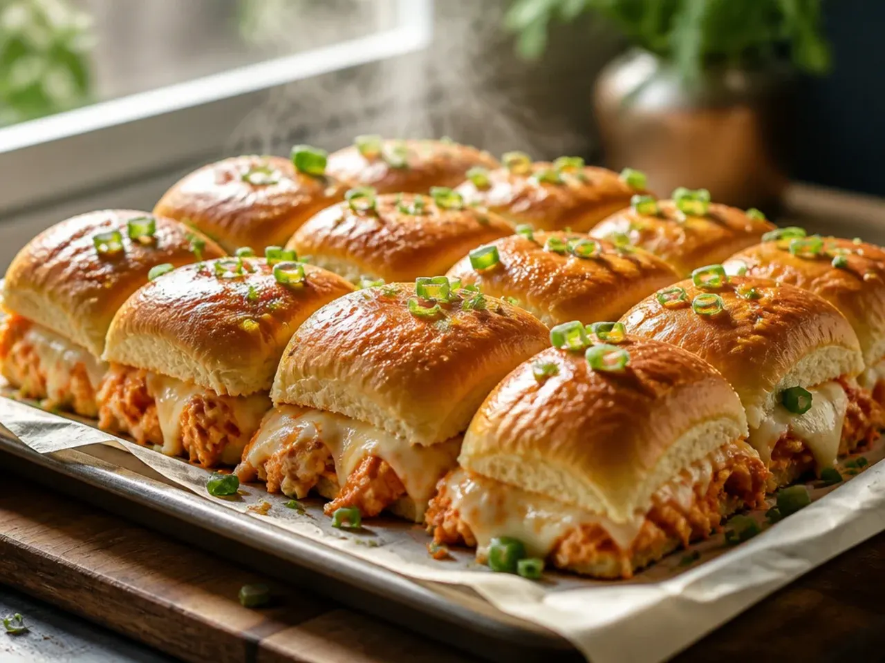 Buffalo chicken Hawaiian roll sliders drizzled with ranch dressing