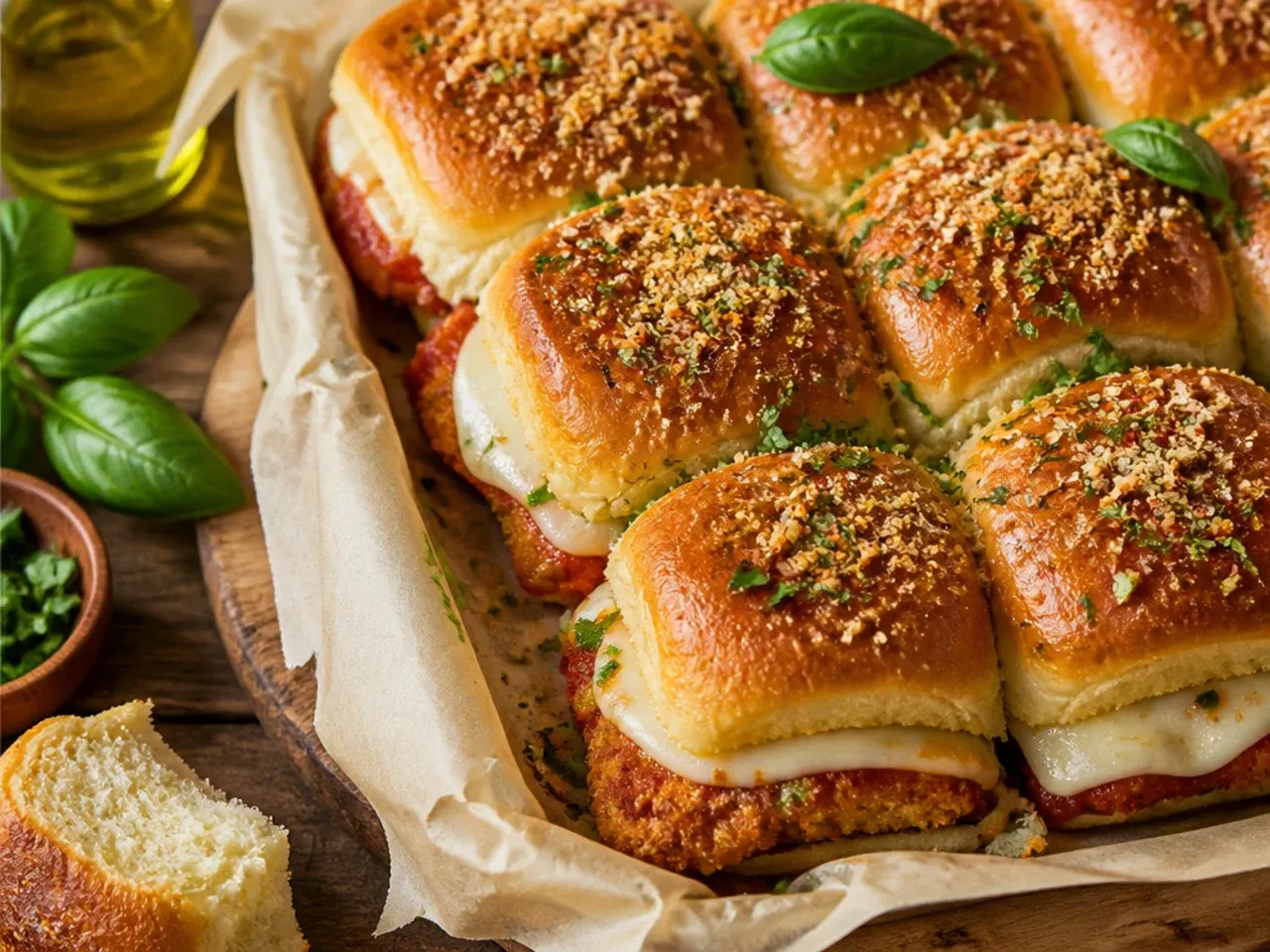 Chicken parmesan Hawaiian roll sliders topped with melted mozzarella and basil