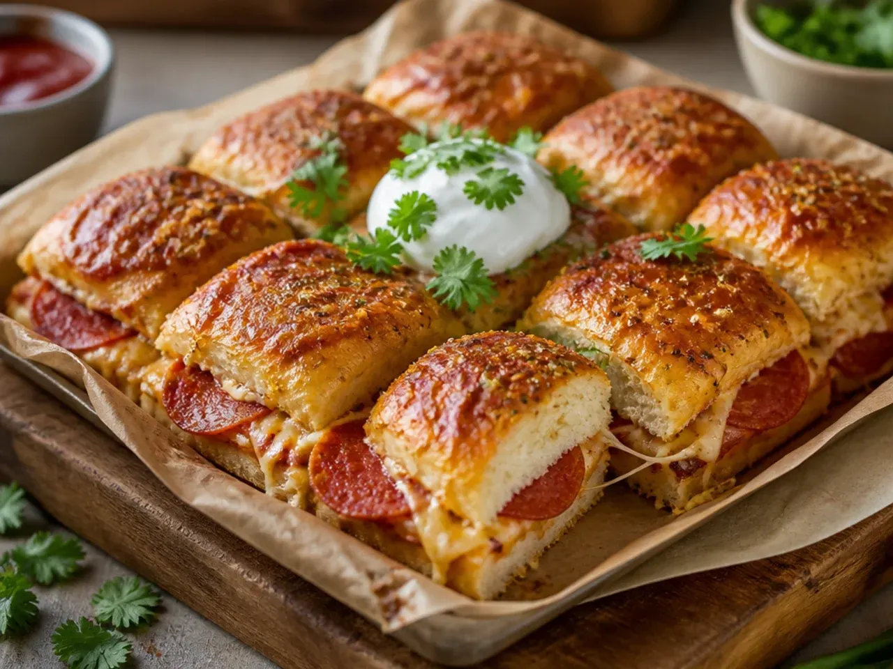 Pepperoni pizza Hawaiian roll sliders with melted mozzarella and pizza sauce