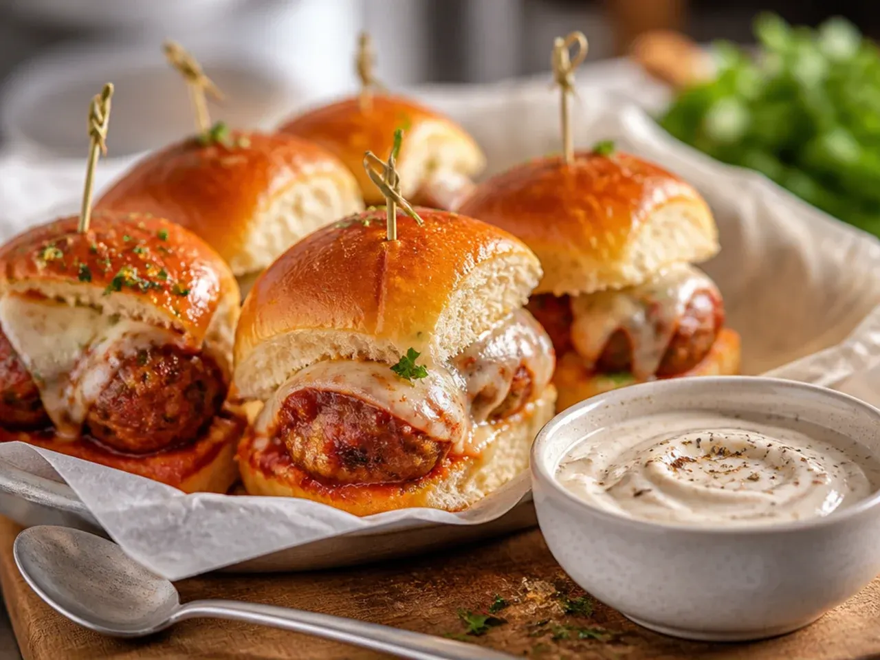 Meatball sub Hawaiian roll sliders with marinara and melted cheese, one slider lifted out