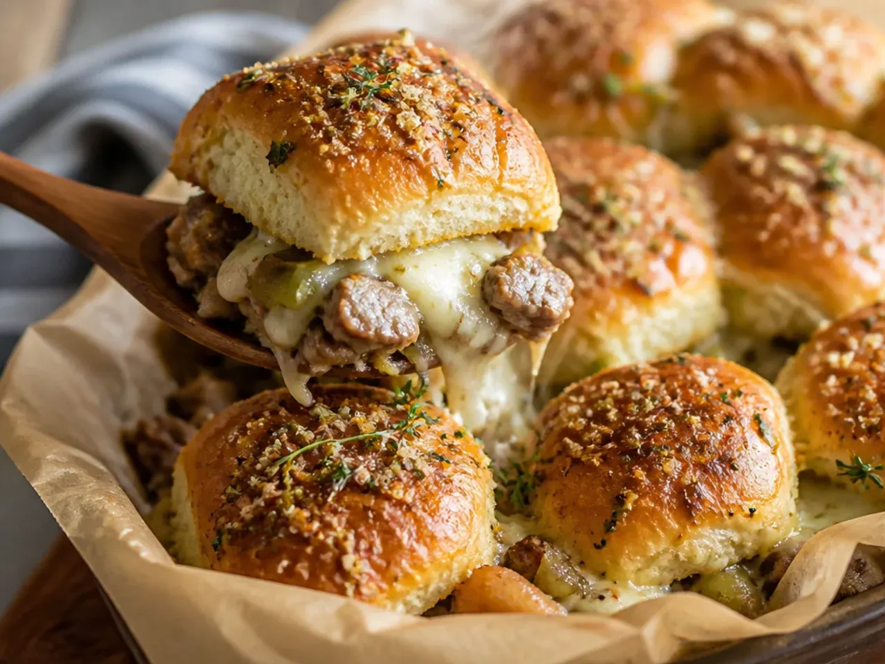 Philly cheesesteak Hawaiian roll sliders with sautéed peppers, onion and melted provolone