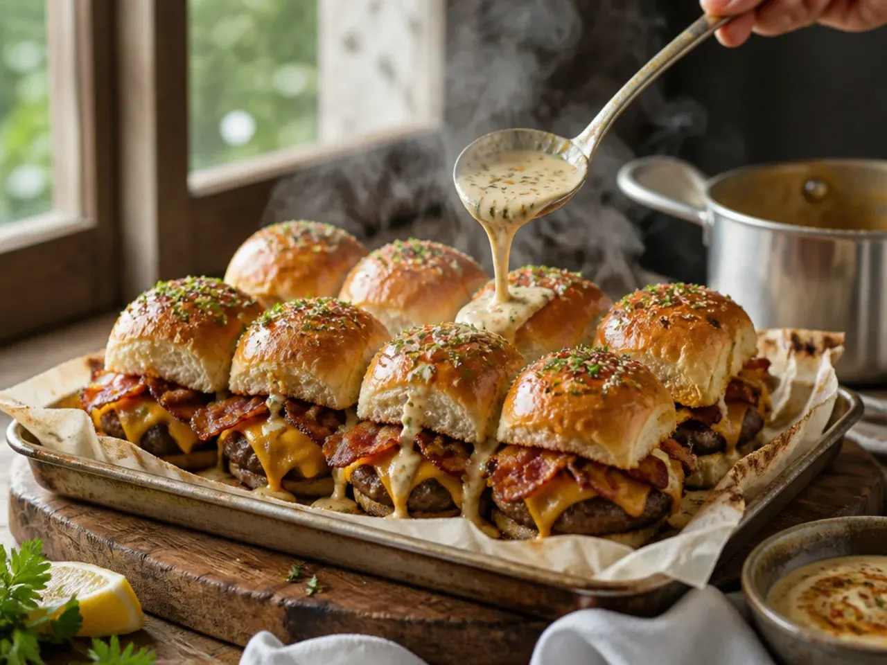 Loaded bacon cheeseburger Hawaiian roll sliders with extra cheese and bacon bits