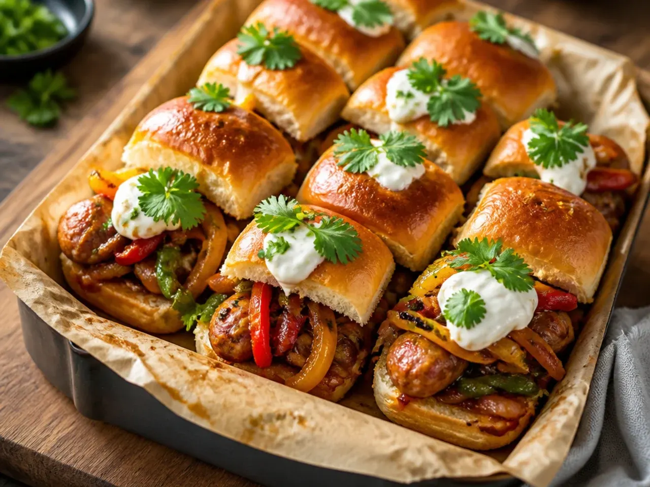 Sausage, pepper and onion Hawaiian roll sliders on a baking tray