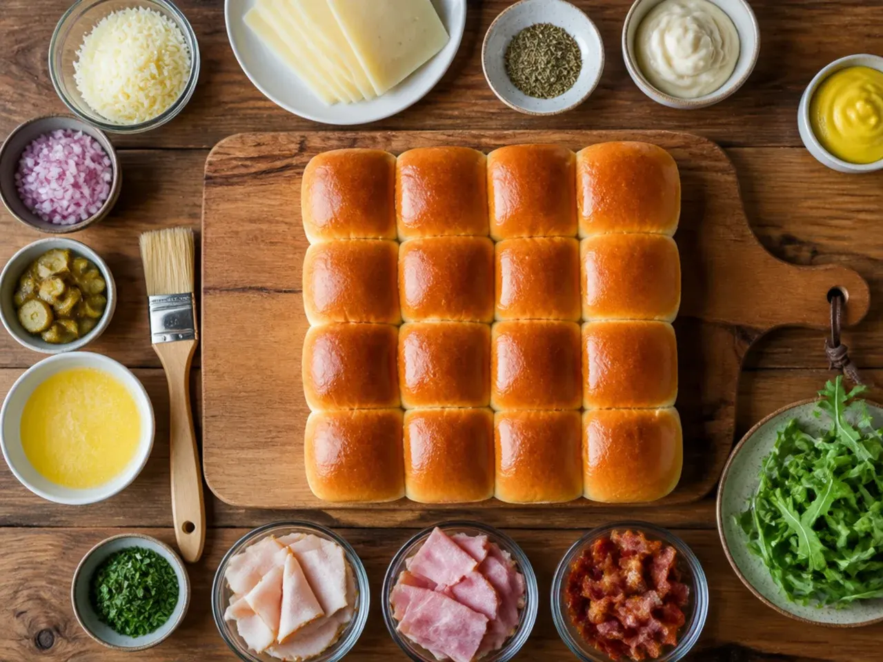 Hands brushing butter sauce over a tray of unbaked Hawaiian roll sliders