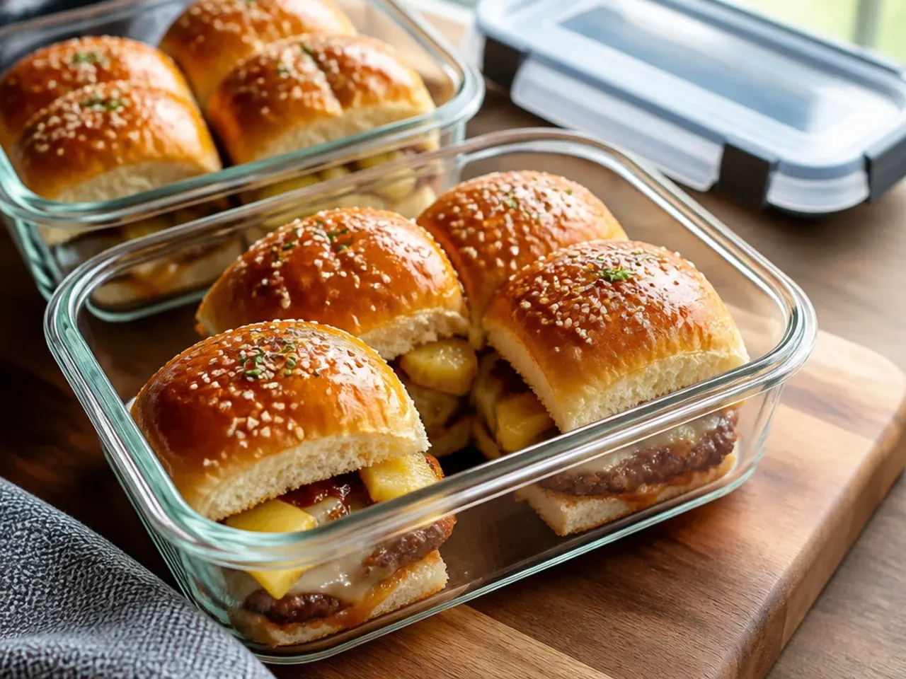 Reheated Hawaiian roll sliders on a plate with melted cheese pulling apart