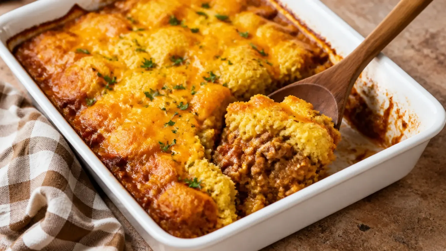 A baking dish of sloppy joe cornbread casserole with a golden cornbread top and melted cheddar, one corner cut away to show the beef filling underneath