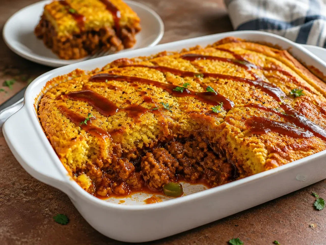 Sloppy joe filling spread thinly and evenly in a shallow square baking dish