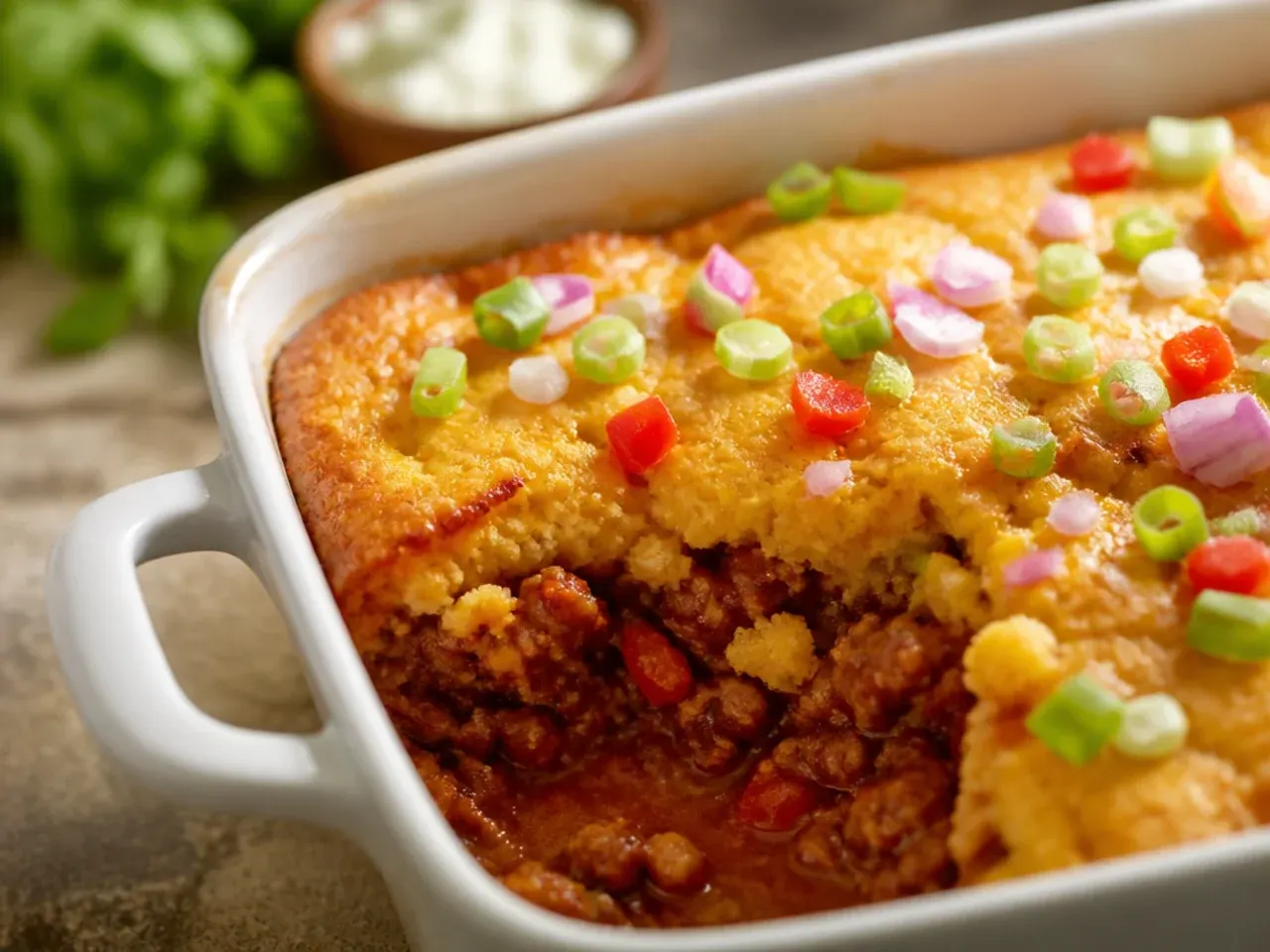Cornbread batter being gently stirred in a mixing bowl with a few lumps visible