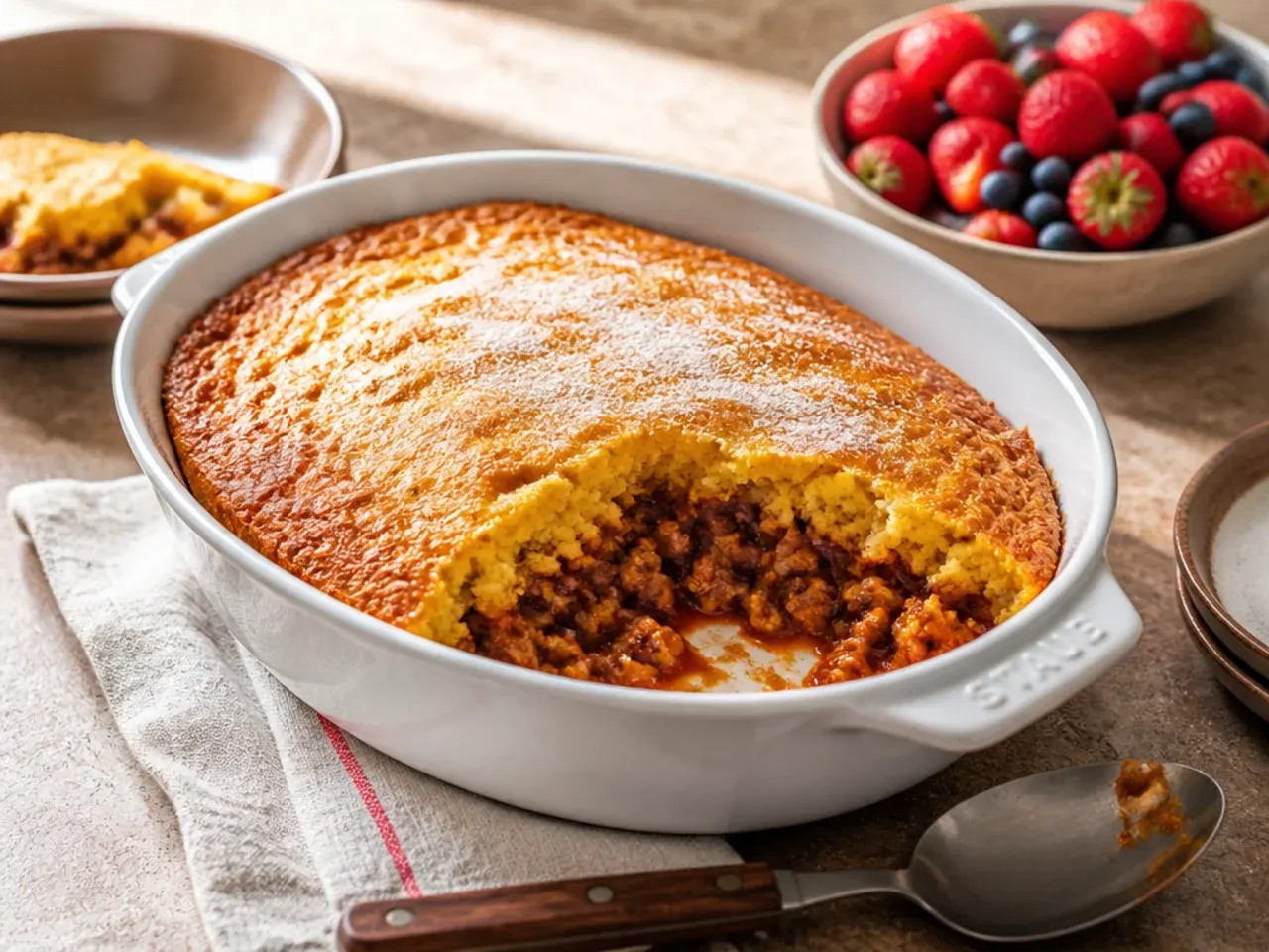 Cornbread batter being spread evenly over sloppy joe filling with the back of a spoon
