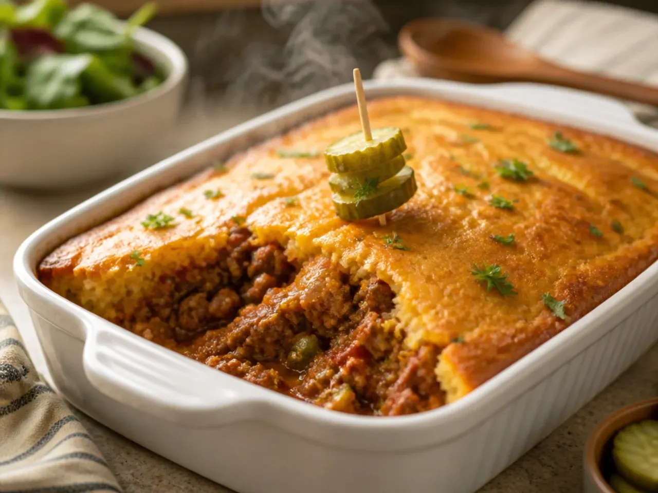 A baking dish of cornbread casserole loosely covered with a sheet of foil