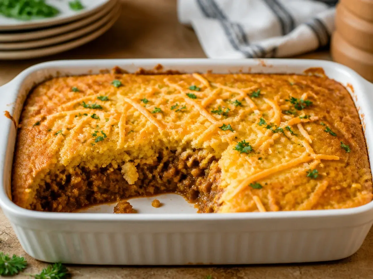 A rested sloppy joe cornbread casserole with a clean slice being lifted out