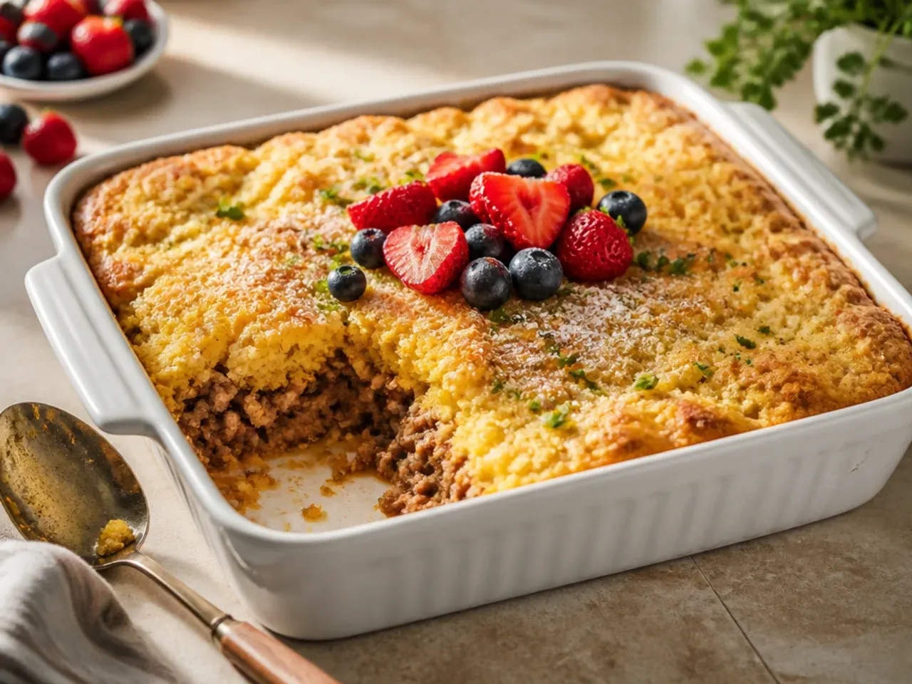 A large rectangular baking dish holding a doubled batch of sloppy joe cornbread casserole