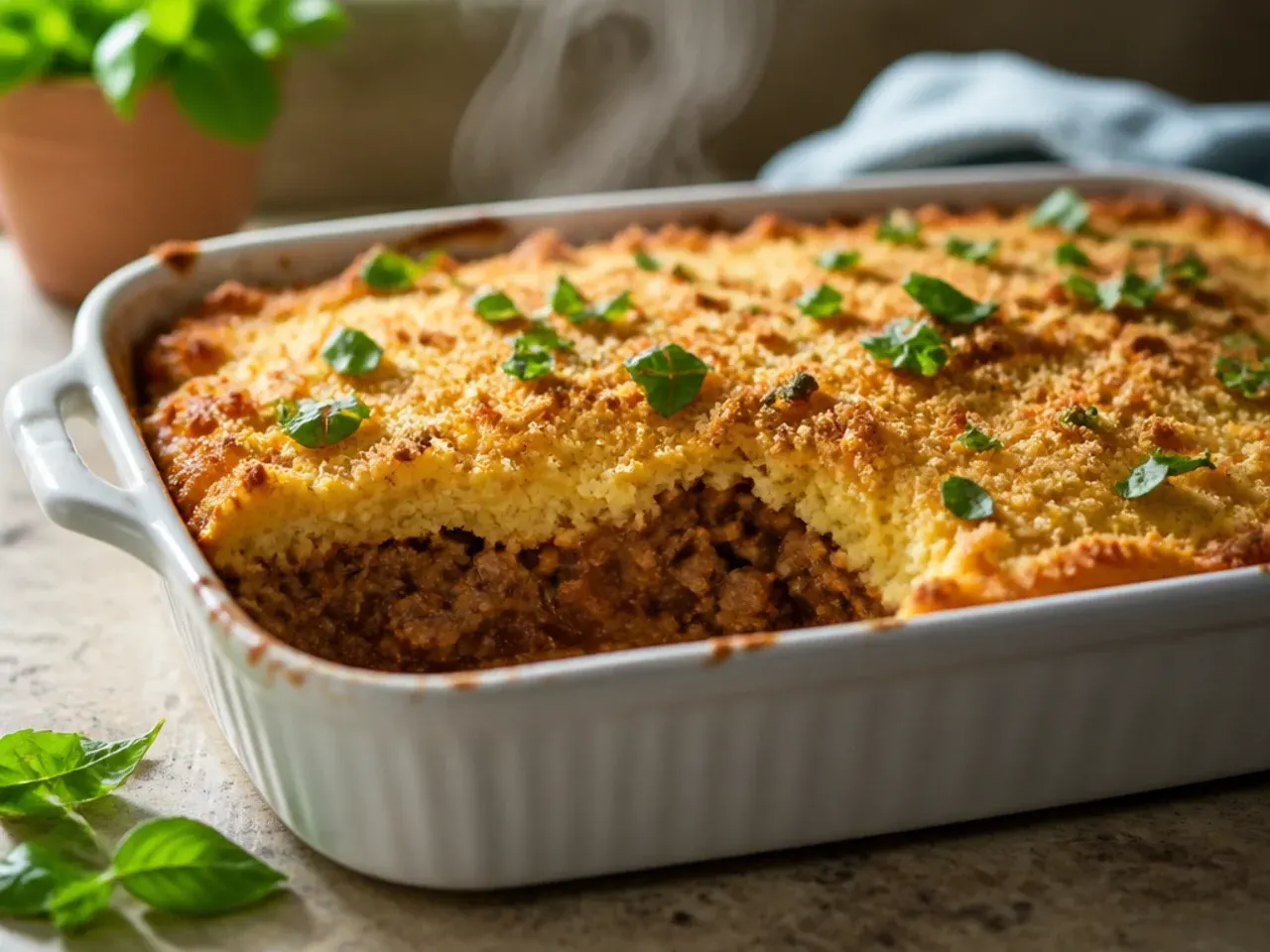 An unbaked sloppy joe cornbread casserole covered tightly in foil ready for the freezer