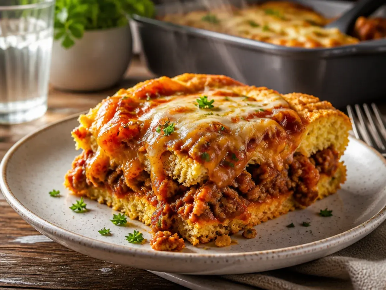 A finished sloppy joe cornbread casserole on a table with a slice served on a plate
