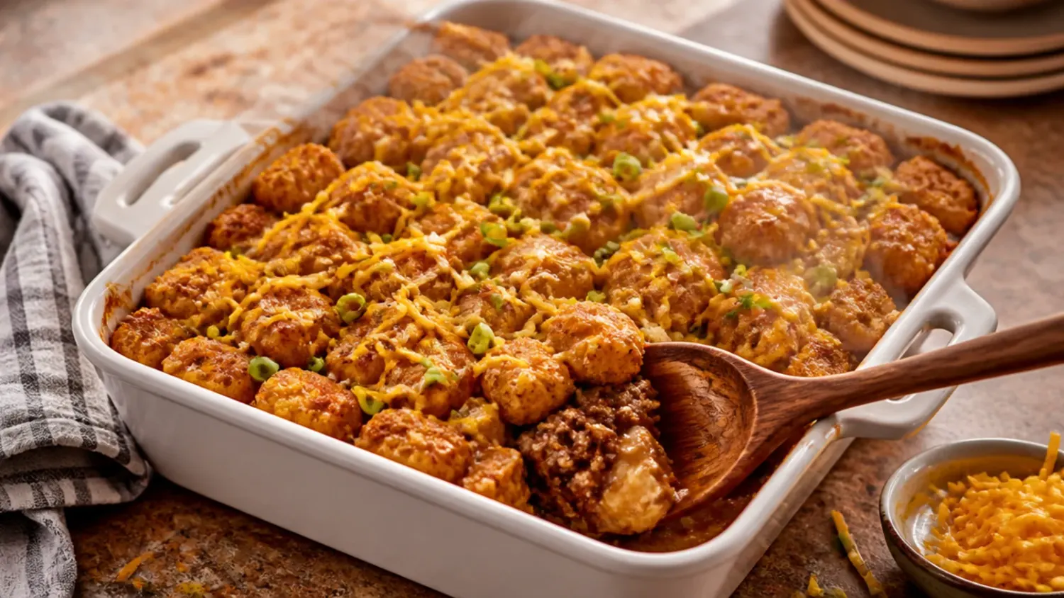 Overhead shot of a baked sloppy joe tater tot casserole in a white dish, with golden crispy tater tots and melted cheddar on top