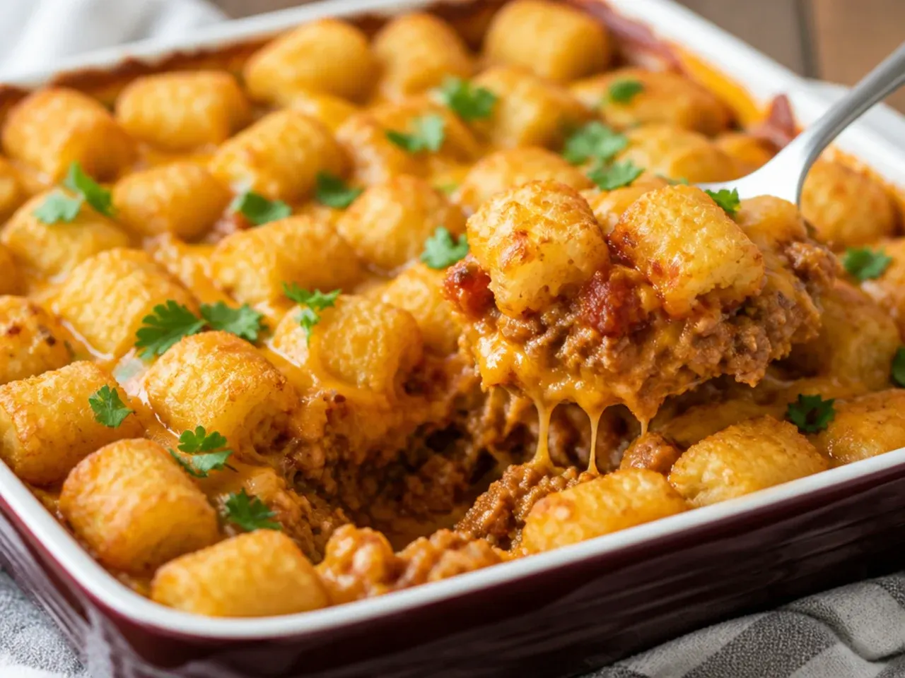 Close-up of a spoonful of sloppy joe tater tot casserole being lifted from the baking dish, showing tangy meat sauce and crispy tots