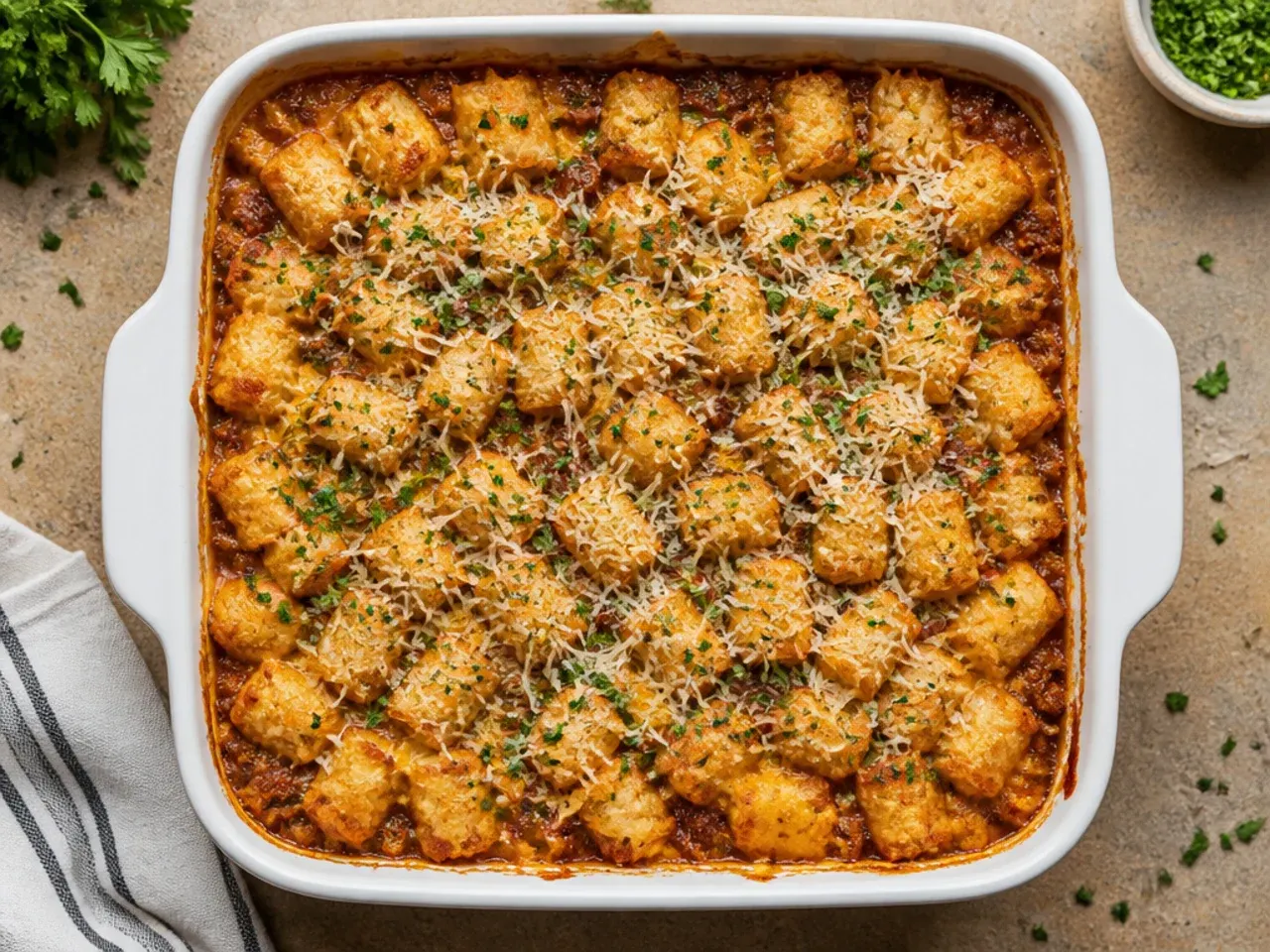Classic ground beef sloppy joe tater tot casserole fresh out of the oven with golden tots and melted cheddar