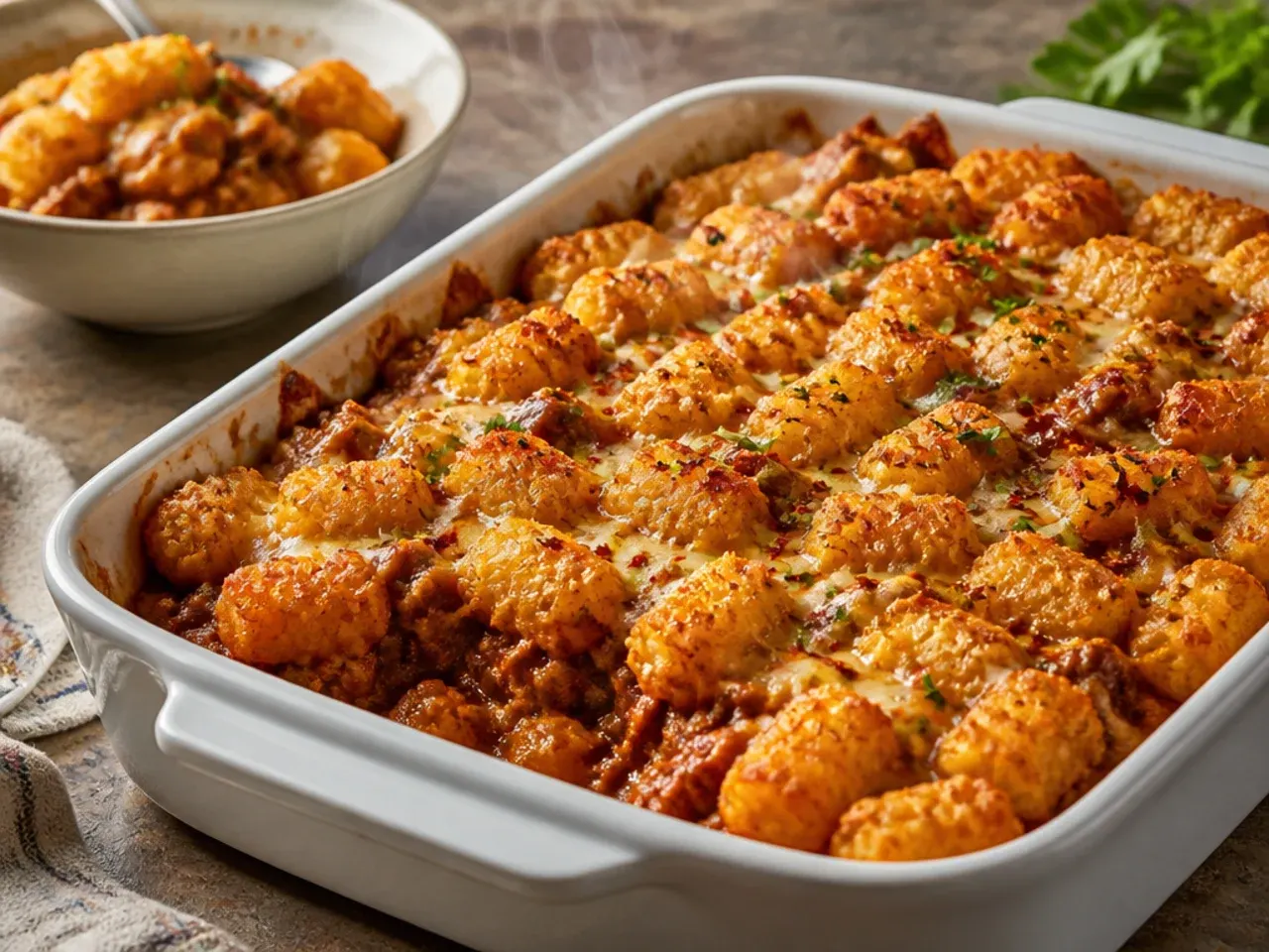 Easy five-ingredient sloppy joe tater tot casserole in a simple white baking dish with a golden tater tot topping